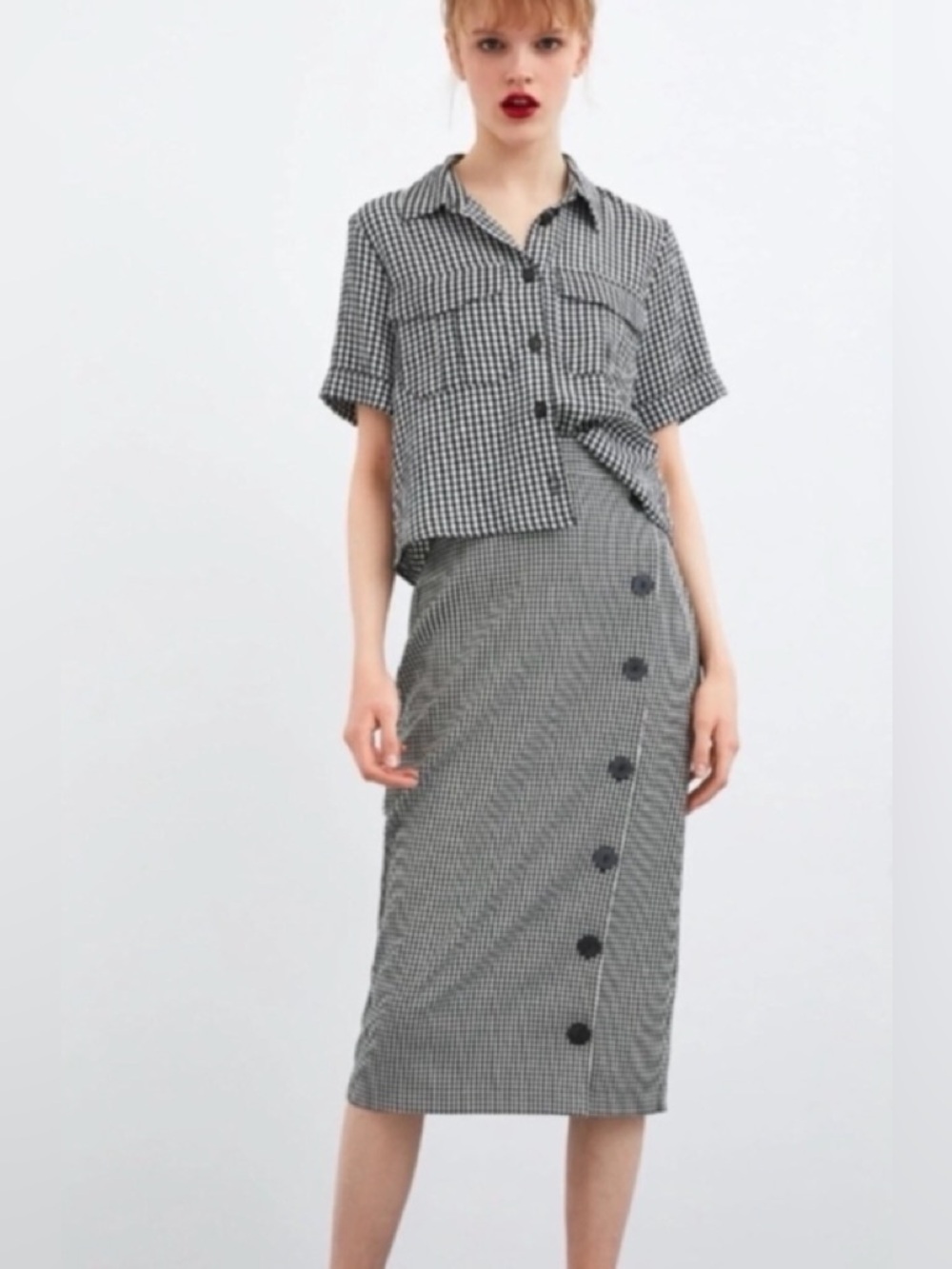 Zara Black and White Gingham Midi Skirt with Asymmetric Button Placket Euro XL - Picture 2 of 10